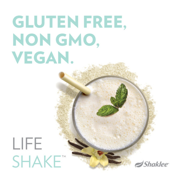 Life Shake Vanilla (in smoothie) with Gluten Free, Non GMO, Vegan language